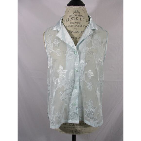 Vintage Oscar de la Renta Sheer Blue Floral Printed Pajama Top Size M - Picture 3 of 7